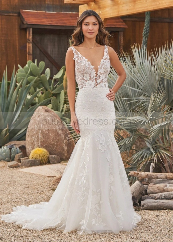 Sexy Ivory Lace Glitter Tulle Scoop Back Wedding Dress